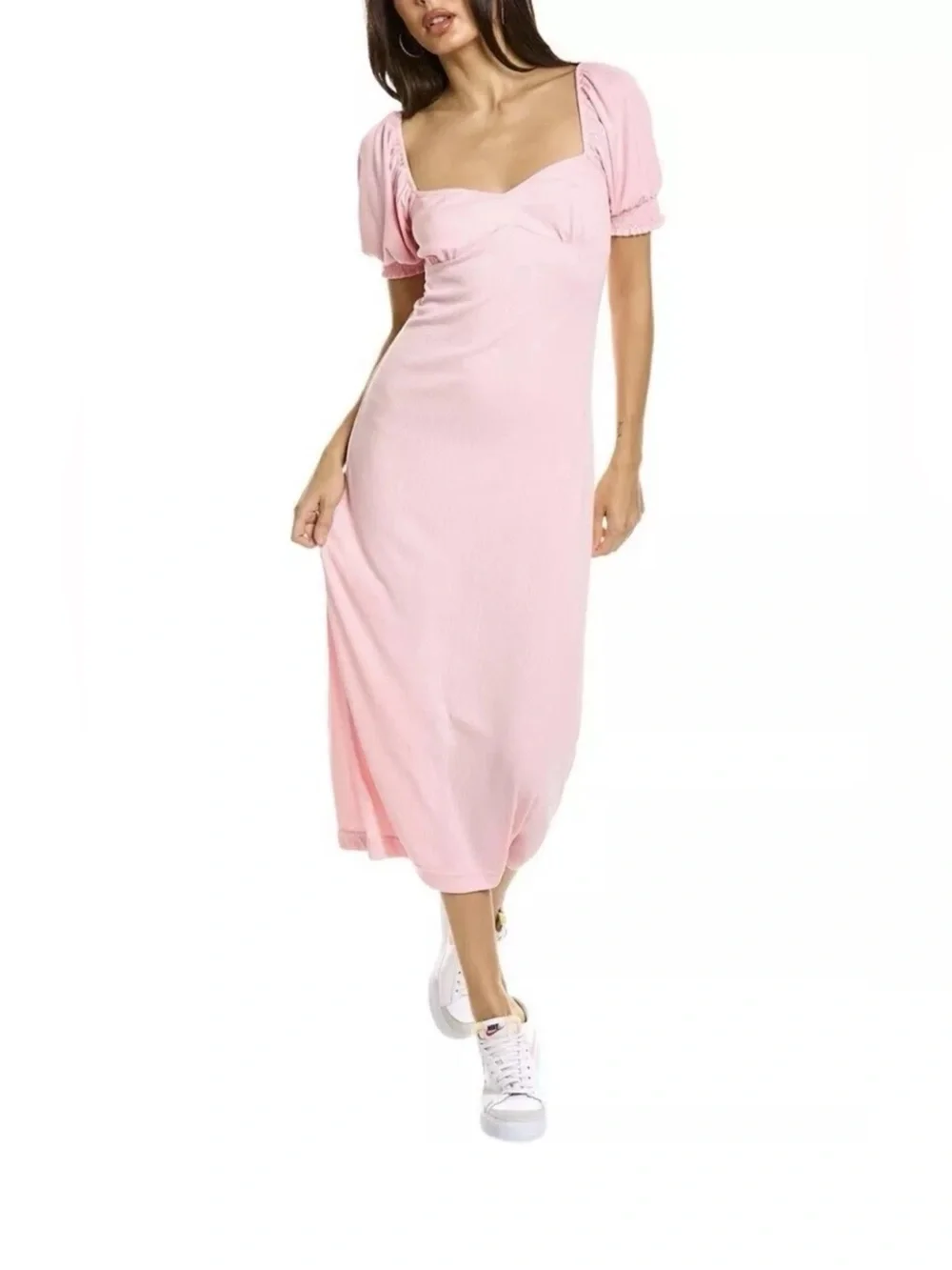 NWT Free People Pink Puff-Sleeve Midi Dress Size M